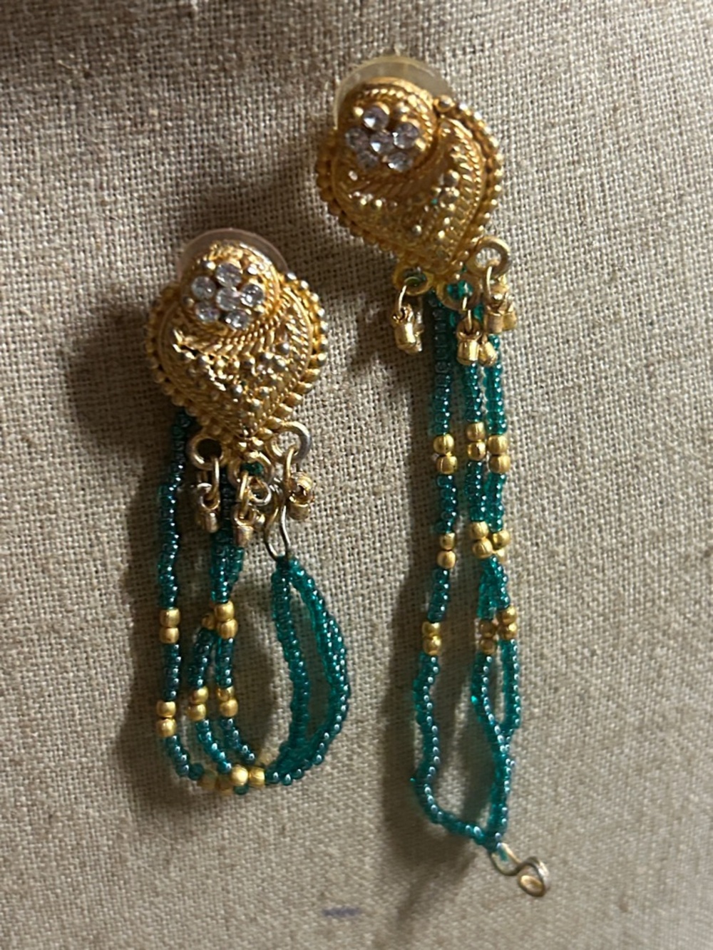 Gold and Teal Beaded Drop Earrings - Traditional Indian Moroccan